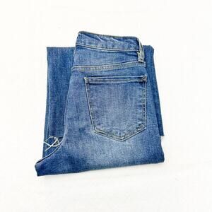 OAT NY Med-Dark Wash Wide Leg Cropped Denim Jeans Raw Hem Size 4/27 1041-CAMX